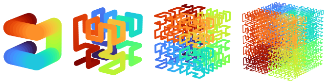 3D Hilbert curves animation grid for nbits 1..4